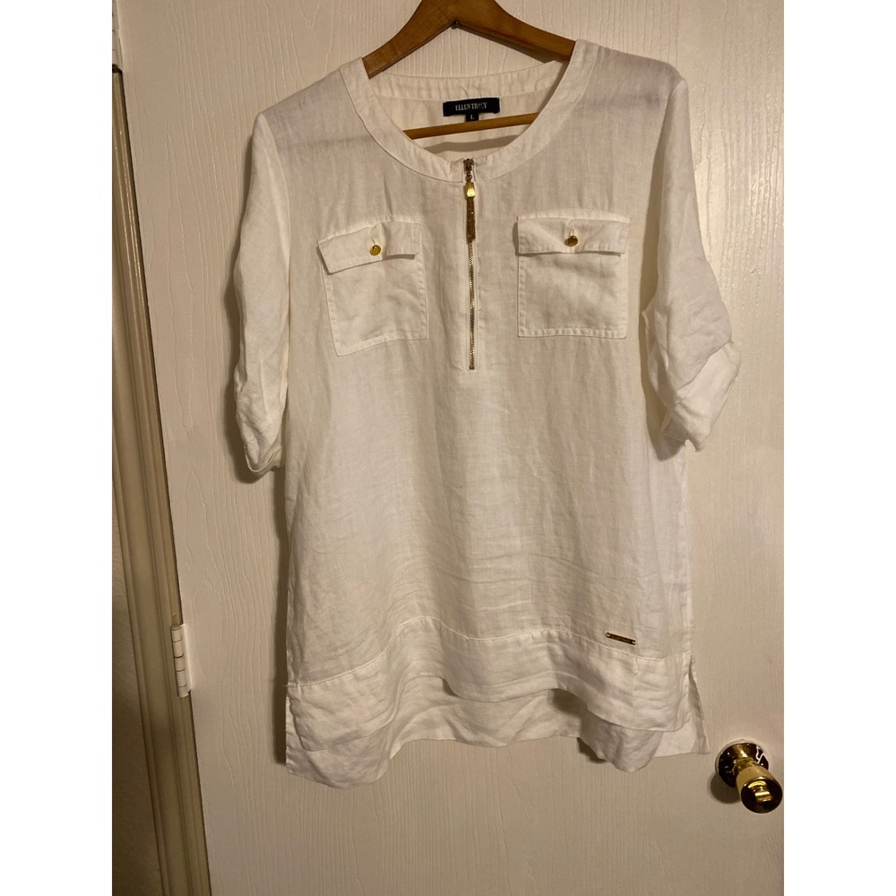 Ellen Tracy White 100% Linen Half Zip Tunic Top Short Roll Tab Sleeve L 0760